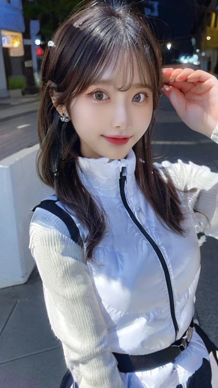 Woman standing upright facing the camera、Accentuate the cleavage、Light clothing、Expose、thin white shirt、(highest quality,masterpiece:1.3,超A high resolution,),(Very detailed,Caustics),(Photorealistic:1.4,RAW shooting,)Ultra-Realistic Capture,Very detailed,High resolution 16K suitable for human skin、 Natural skin texture、、Skin tone looks even and healthy、 Use natural light and color,One Woman,Japanese,,cute,Gray-haired,Middle Hair,(Written boundary depth、chromatic aberration、、wide range of lighting、natural shadows、)、(outdoor lights at night:1.4)、(Hair swaying in the wind:1)、short hair、hair ornaments、Put it on your ear、Casual hair,(astrovest):2,headphone,smile