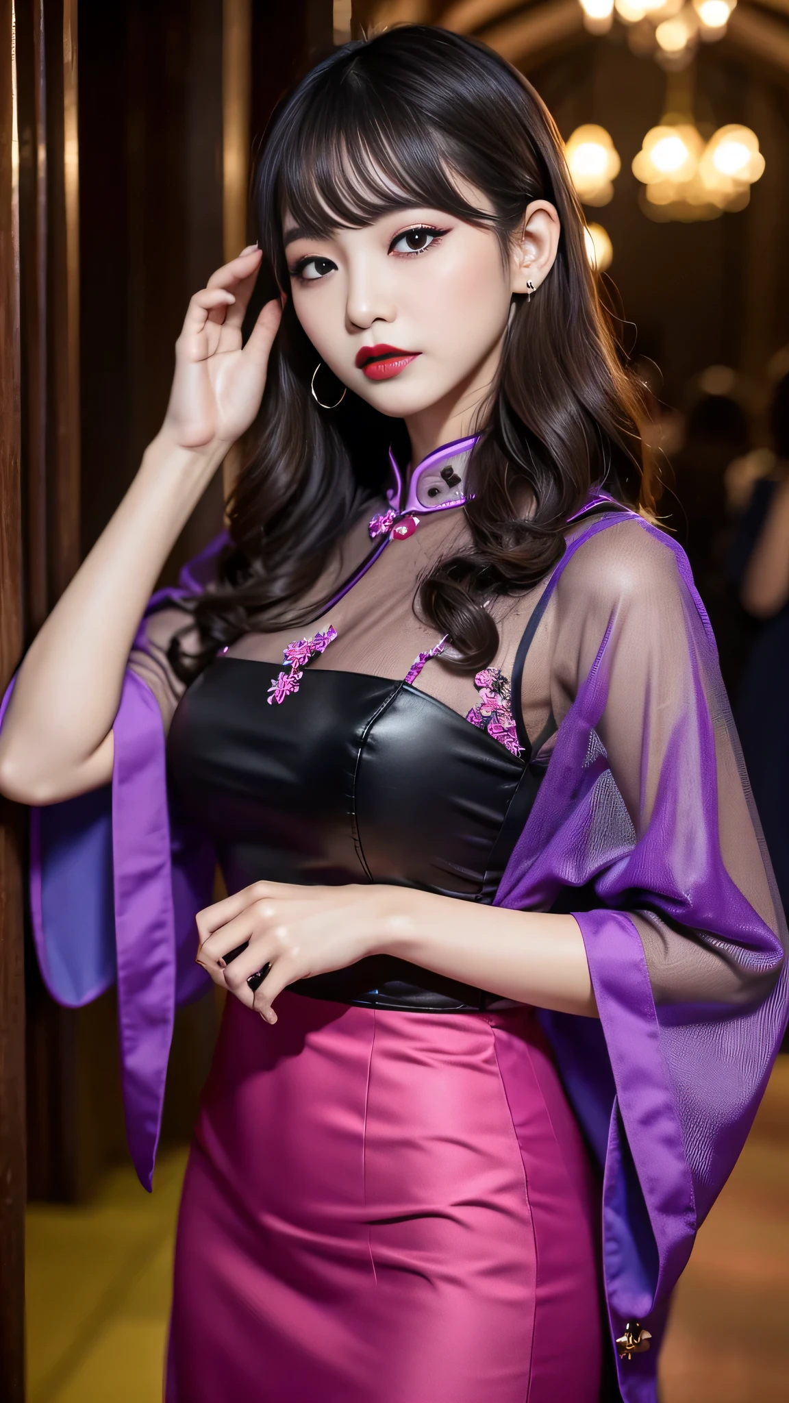 tra-detailed、Japanese、Attractive beauty、seductive adult woman、Pretty Woman、cool girl、brown hair、wavy hair、swept bangs、piercing eyes、hollow eyes、half-closed eyes、Hollow Eyes、Purple Eyeshadow、black lipstick、black lip gloss、dark makeup、smirk、Whisper in my ear、Evil expression、Long Black Cheongsam、Black wide sleeves、Evil cadres、Fallen into evil、brainwash、mind control、evil、Church at night、Swear allegiance、Have lipstick、Are standing