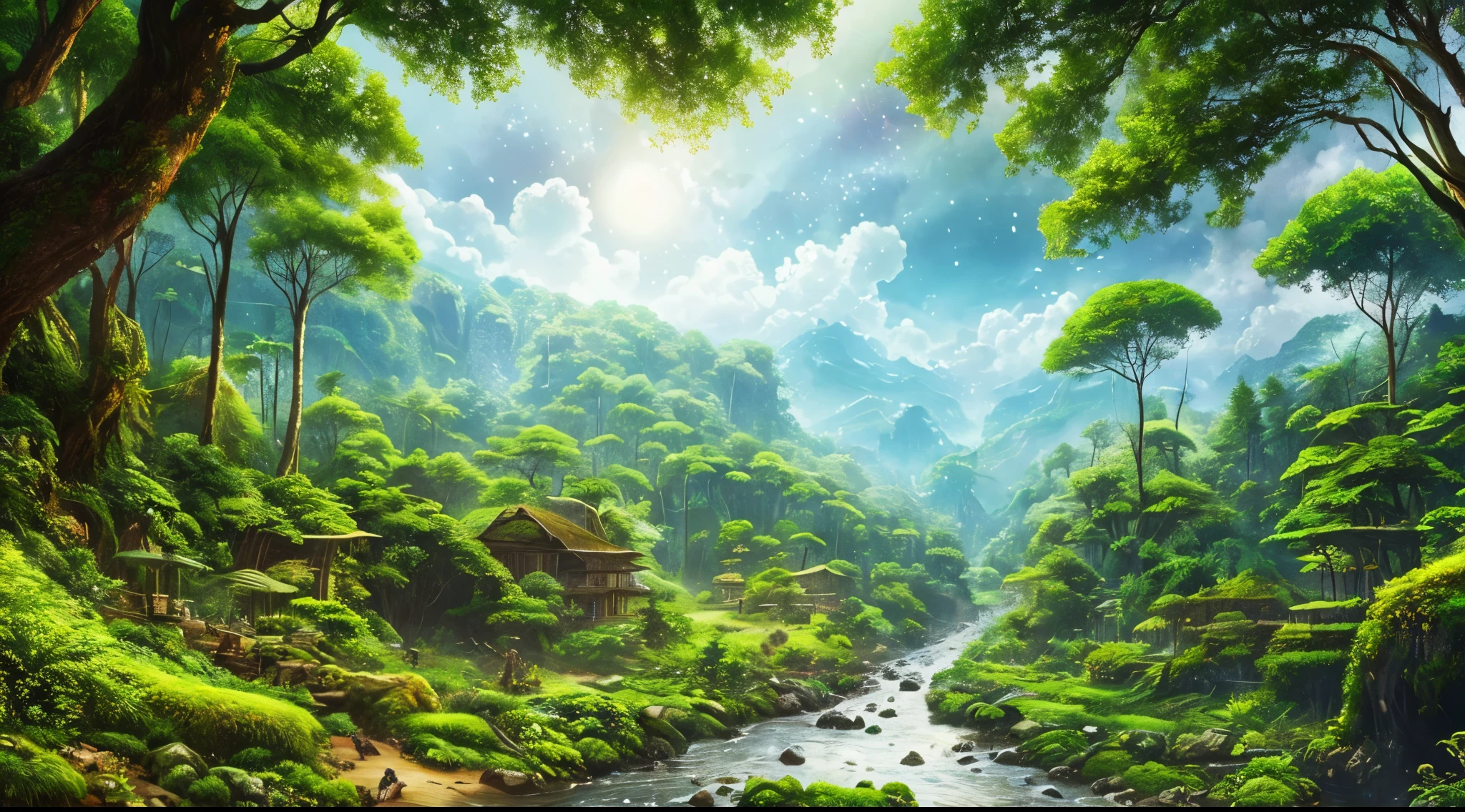 Hyperrealistic illustrations , Otherworldly, Aerial view of a lush valley with a river and a magical forest , Intricate forest details, Surrounding vegetation and river, solar punk ,landscape, huge tree, Beautiful foliage with beautiful lighting and realistic proportions, Like a movie background, 8k, highest quality, masterpiece, Sky with clouds and stars.