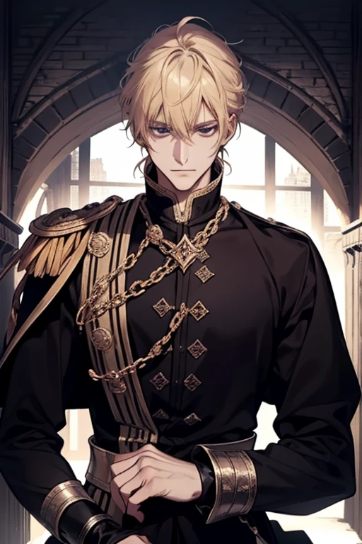 1 male, adult, blond hair with bangs, prince, black clothes, handsome, calm, beautiful, condescending, lean body, in a castle, medieval fantasy
