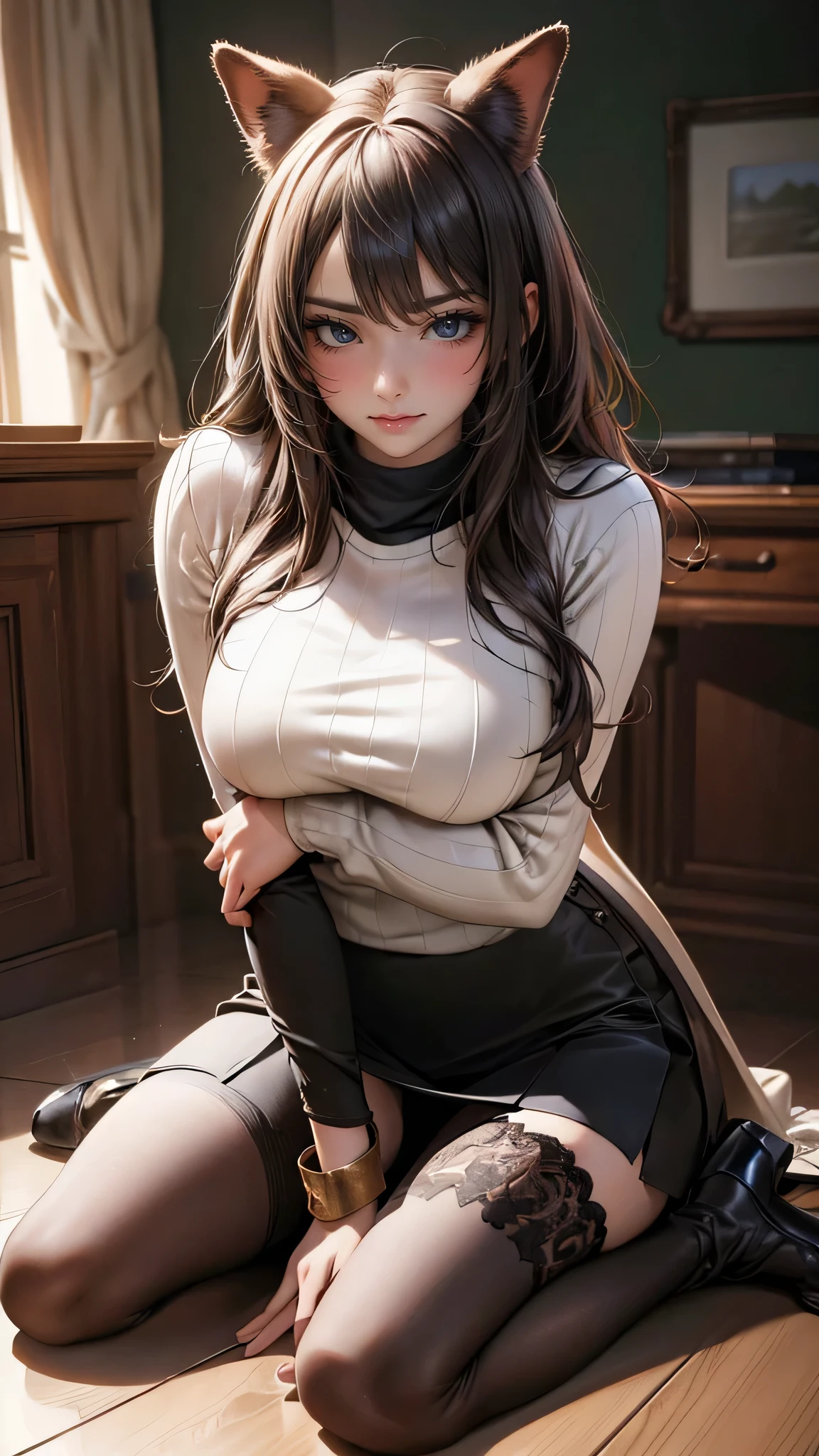 (random porn pose),(Highest image quality,(8k),ultra-realistic,best quality, high quality, high definition, high quality texture,high detail,beautiful detailed,fine detailed,extremely detailed cg,detailed texture,a realistic representation of the face,masterpiece,Sense of presence),sweater,tight mini skirt,stockings,Engineer boot