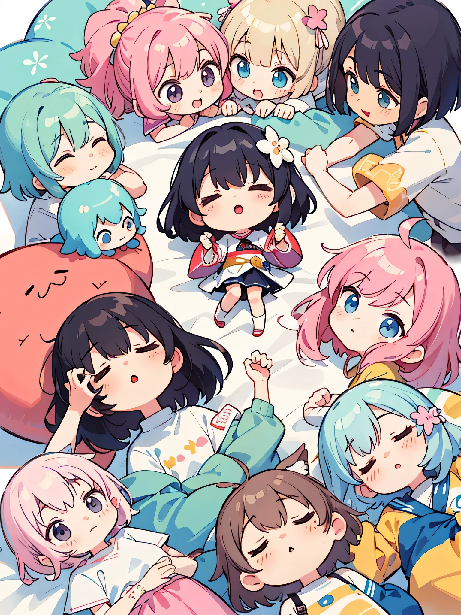 Momoko Sakura style, Kawaii Design, (((10 people)))、most beautiful girl ever、Chibi, Colorful bob hair、((Lots of friends))、Taking a nap together、cute girl's room