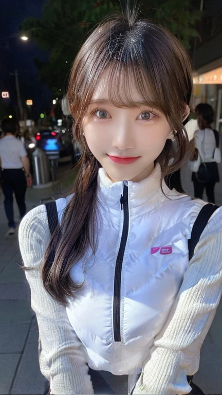 Woman standing upright facing the camera、Accentuate the cleavage、Light clothing、Expose、thin white shirt、(highest quality,masterpiece:1.3,超A high resolution,),(Very detailed,Caustics),(Photorealistic:1.4,RAW shooting,)Ultra-Realistic Capture,Very detailed,High resolution 16K suitable for human skin、 Natural skin texture、、Skin tone looks even and healthy、 Use natural light and color,One Woman,Japanese,,cute,Gray-haired,Middle Hair,(Written boundary depth、chromatic aberration、、wide range of lighting、natural shadows、)、(outdoor lights at night:1.4)、(Hair swaying in the wind:1)、short hair、hair ornaments、Put it on your ear、Casual hair,(astrovest):2,(black sleeves):2,headphone,smile