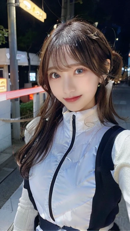Woman standing upright facing the camera、Accentuate the cleavage、Light clothing、Expose、thin white shirt、(highest quality,masterpiece:1.3,超A high resolution,),(Very detailed,Caustics),(Photorealistic:1.4,RAW shooting,)Ultra-Realistic Capture,Very detailed,High resolution 16K suitable for human skin、 Natural skin texture、、Skin tone looks even and healthy、 Use natural light and color,One Woman,Japanese,,cute,Gray-haired,Middle Hair,(Written boundary depth、chromatic aberration、、wide range of lighting、natural shadows、)、(outdoor lights at night:1.4)、(Hair swaying in the wind:1)、short hair、hair ornaments、Put it on your ear、Casual hair,(astrovest):2,(black sleeves):2,headphone,smile