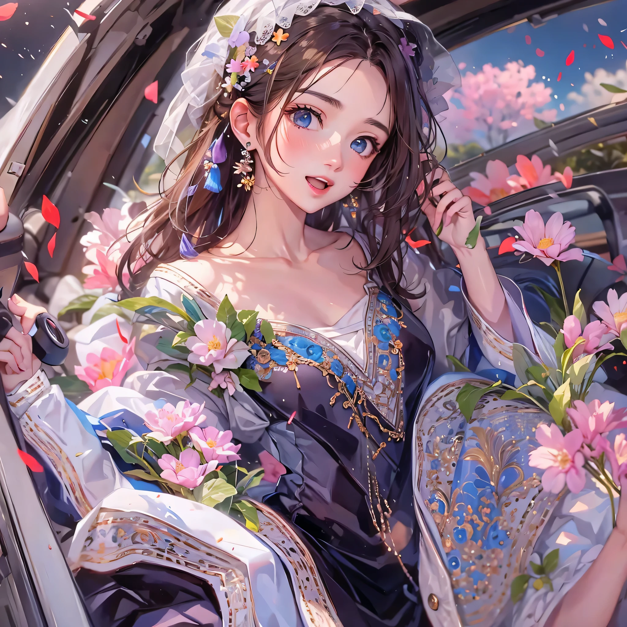 ((highest quality)), ((masterpiece)), (Get used to it), Perfect Face , beautiful girl , Get in the passenger seat of the car , spring ,