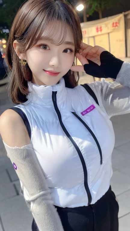Woman standing upright facing the camera、Accentuate the cleavage、Light clothing、Expose、thin white shirt、(highest quality,masterpiece:1.3,超A high resolution,),(Very detailed,Caustics),(Photorealistic:1.4,RAW shooting,)Ultra-Realistic Capture,Very detailed,High resolution 16K suitable for human skin、 Natural skin texture、、Skin tone looks even and healthy、 Use natural light and color,One Woman,Japanese,,cute,Gray-haired,Middle Hair,(Written boundary depth、chromatic aberration、、wide range of lighting、natural shadows、)、(outdoor lights at night:1.4)、(Hair swaying in the wind:1)、short hair、hair ornaments、Put it on your ear、Casual hair,(astrovest):2,(black sleeves):2,headphone,smile,inside space station