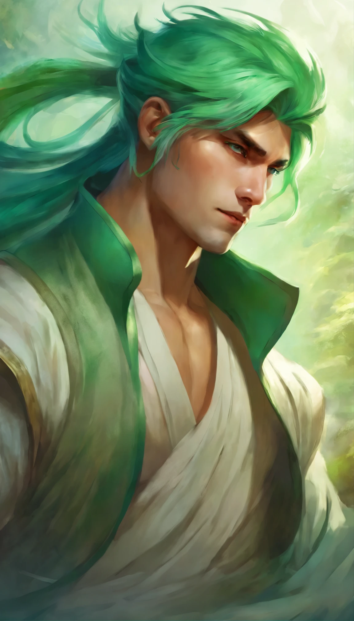 a guy, a male, an elf, flowing movement, handsome, cute, smiling, long green hair, beautiful eyes, shirtless, blue sky, in the river, in the middle of forest, vibrant colors, soft lighting, warm light, vibrant and lively atmosphere, peaceful ambiance, surrounded by a variety of colorful flowers, gentle breeze, captivating and enchanting scenery.