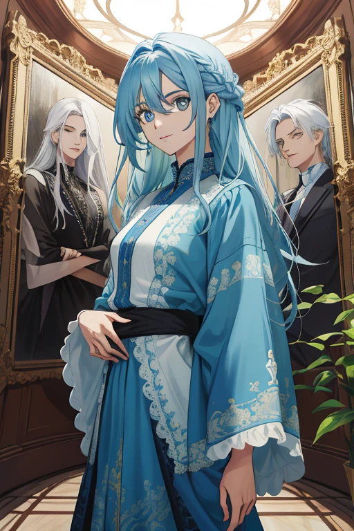 (absurdo, high resolution, ultra detalhado), When I noticed a pintura on the wall.
It was a portrait of my family.
Zephyr ficou ao lado. Valendrya. Seus cabelos escuros e olhos dourados pareciam muito comigo. 
I stood in front of her with Valsendrake and Icarus at my side. 
pintura