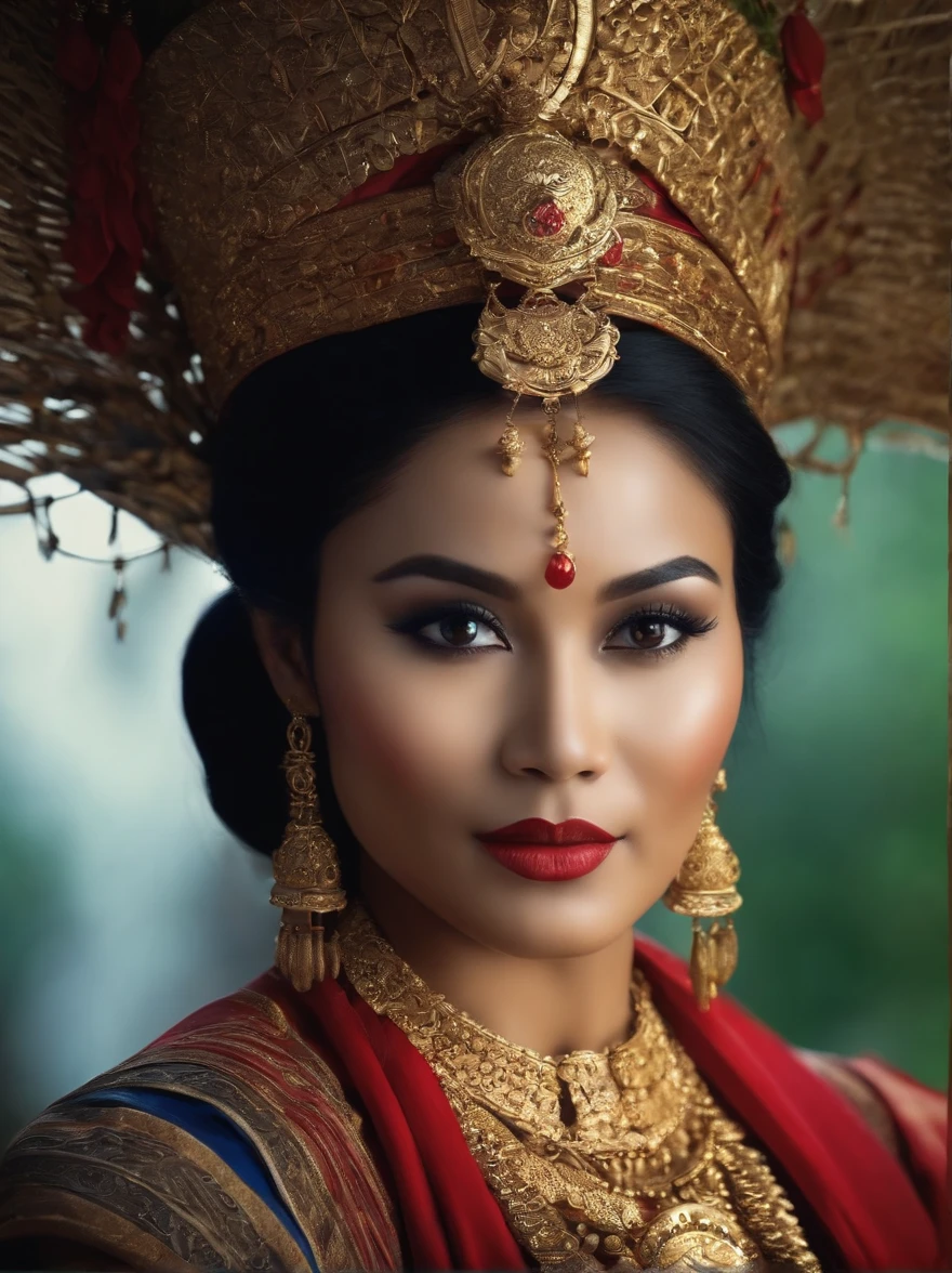 create a realistic picture. beautiful Indonesian woman as a hero in the Majapahit royal dynasty, wearing a small gold necklace like a queen, wearing a red kemben, long black hair tied in a bun, doing floating meditation, bursts of energy from all over her body, unreal machine 5, absurdres, volumetric color lines mix of blue red white lighting around his body, eyes to the camera, rainforest background