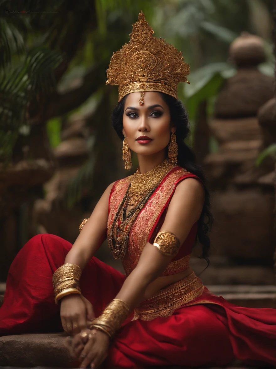 create a realistic picture. beautiful Indonesian woman as a hero in the Majapahit royal dynasty, wearing a small gold necklace like a queen, wearing a red kemben, long black hair tied in a bun, doing floating meditation, bursts of energy from all over her body, unreal machine 5, absurdres, volumetric color lines mix of blue red white lighting around his body, eyes to the camera, rainforest background