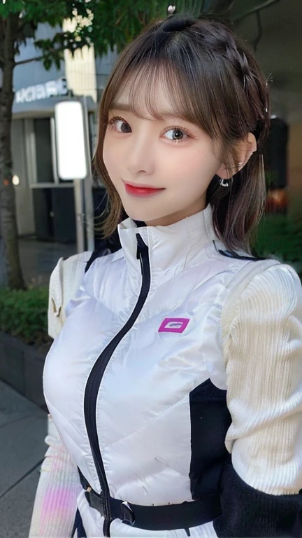 Woman standing upright facing the camera、Accentuate the cleavage、Light clothing、Expose、thin white shirt、(highest quality,masterpiece:1.3,超A high resolution,),(Very detailed,Caustics),(Photorealistic:1.4,RAW shooting,)Ultra-Realistic Capture,Very detailed,High resolution 16K suitable for human skin、 Natural skin texture、、Skin tone looks even and healthy、 Use natural light and color,One Woman,Japanese,,cute,Gray-haired,Middle Hair,(Written boundary depth、chromatic aberration、、wide range of lighting、natural shadows、)、(outdoor lights at night:1.4)、(Hair swaying in the wind:1)、short hair、hair ornaments、Put it on your ear、Casual hair,(astrovest):2,(black sleeves):2,headphone,smile,inside spacecraft