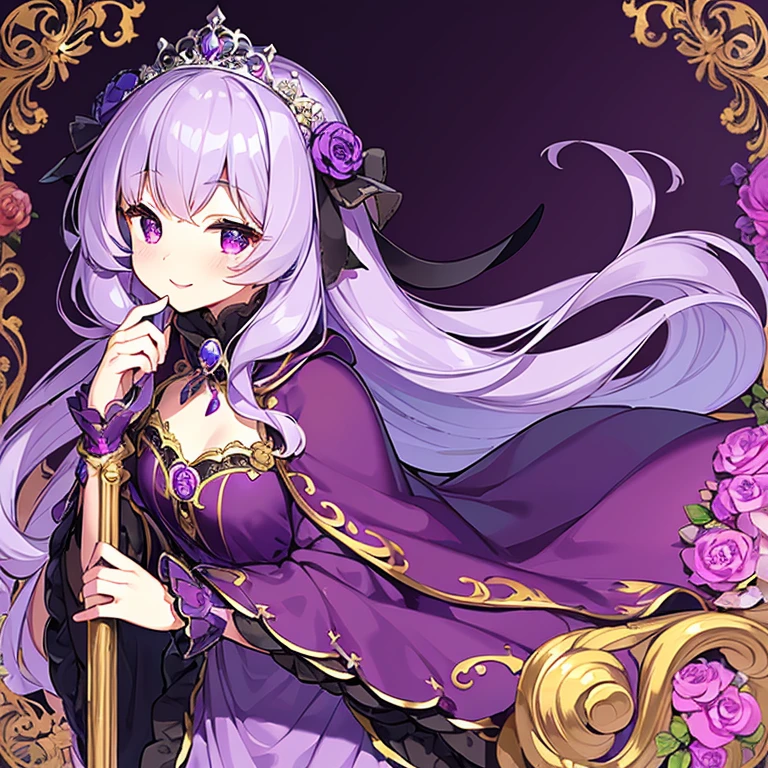 (kawaii),(best quality),(ultra detailed),(rococo style),(long train dark purple cape:1.15), very long cape,(long train dark purple ball gown with flower decorations:1.1), a girl is wearing a cape over her gown, 1 princess, tiara, smile, very long hair, small breasts, beautiful detailed eyes, beautiful detailed lips