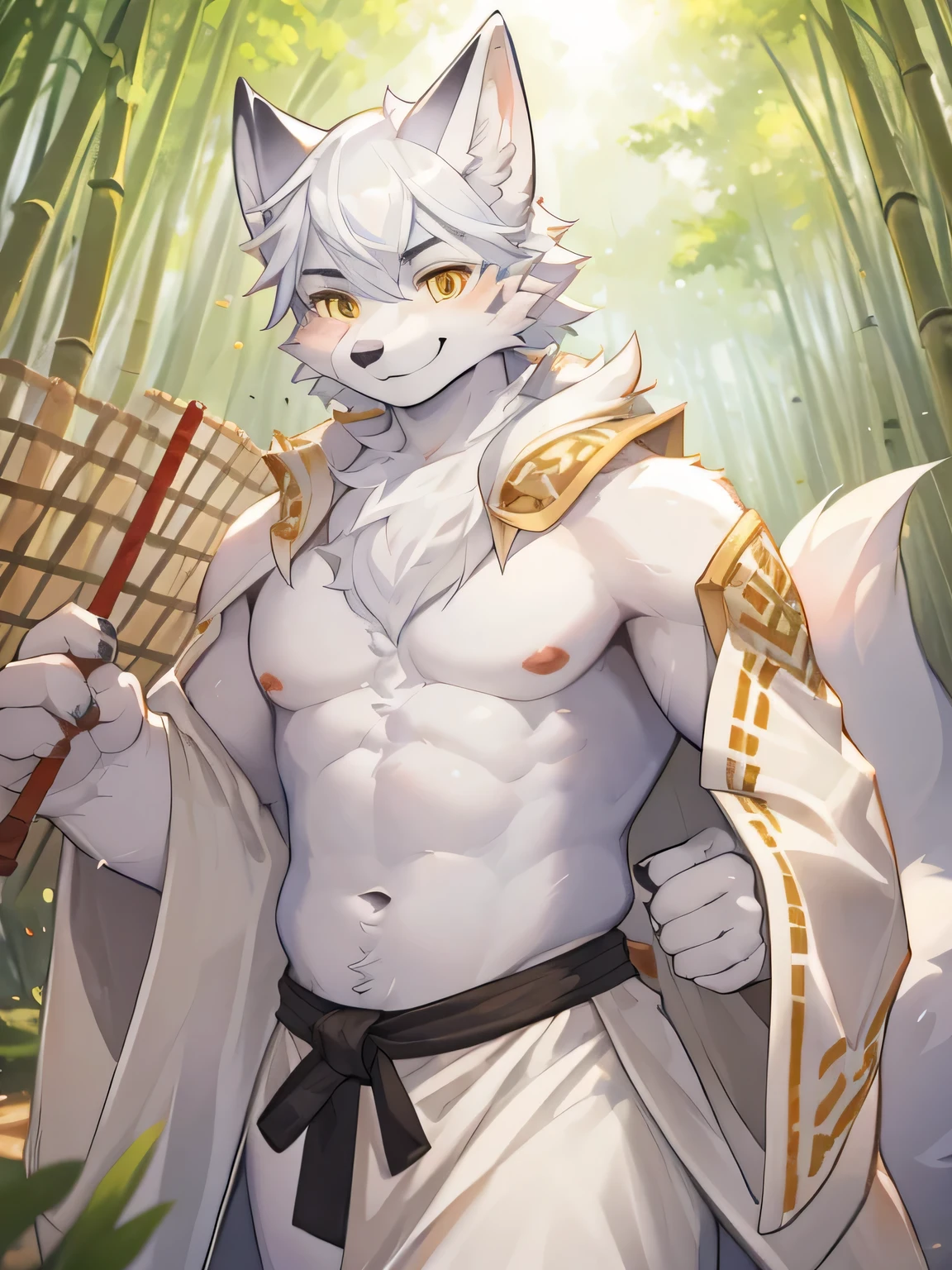 (Best image quality),(masterpiece),(((The only person))),(Ultra Detailed),(Male Arctic fox:1.5), (White skin:1.3), hairy,White Paws,(White fur:1.3),((golden pupils)) ,(Gray ears),(hairy animal ears),((Wearing Chinese white robe,Bare belly),complex background,Delicate face,details on face,character focus,Detailed clothes,upper body,Depth of Field,lighting perfect,Sharp focus,light particles,In the bamboo forest,fencing,martial arts,Smile,Solitary