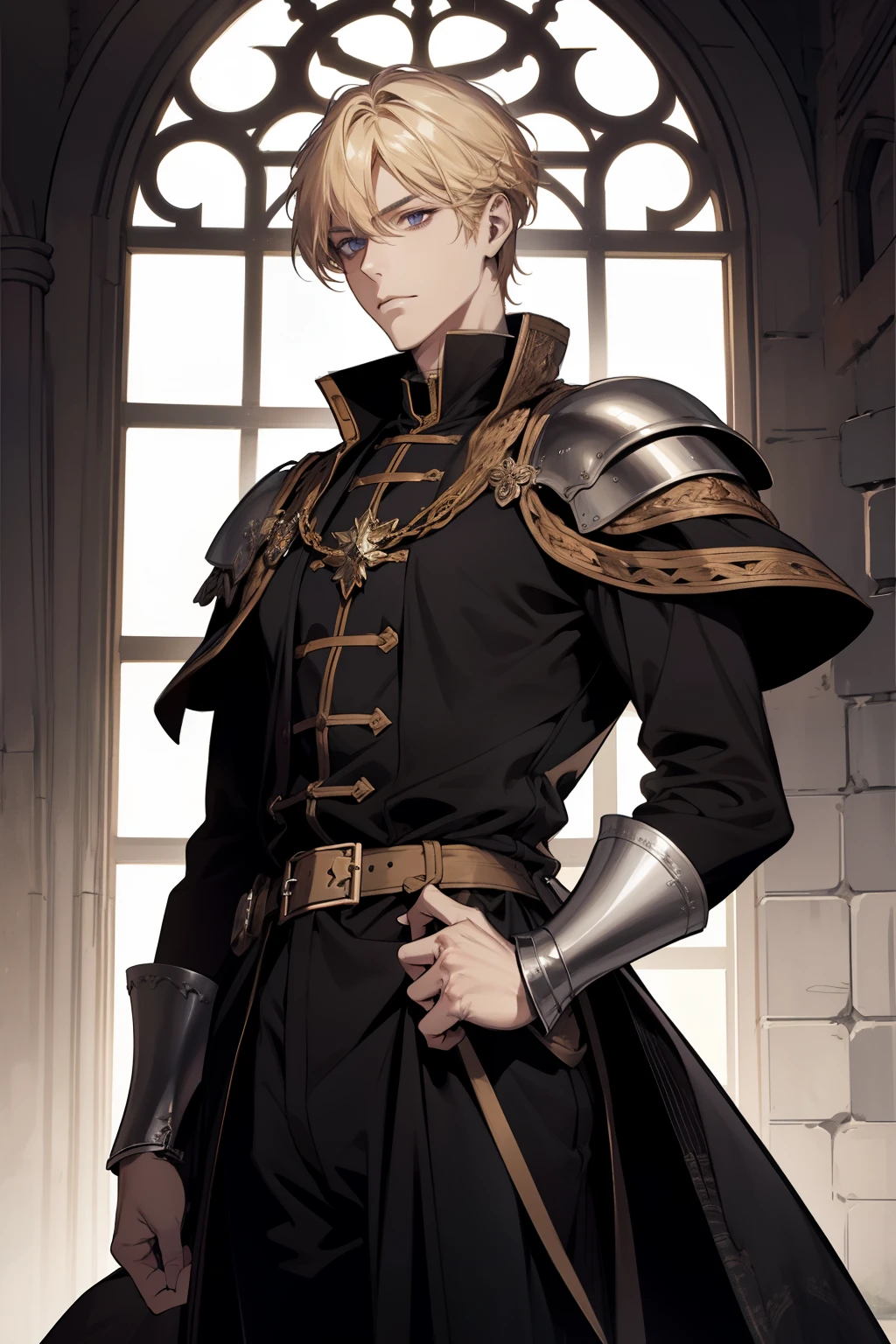 1 male, adult, blond hair with bangs, prince, black clothes, handsome, calm, beautiful, condescending, lean body, in a castle, medieval fantasy