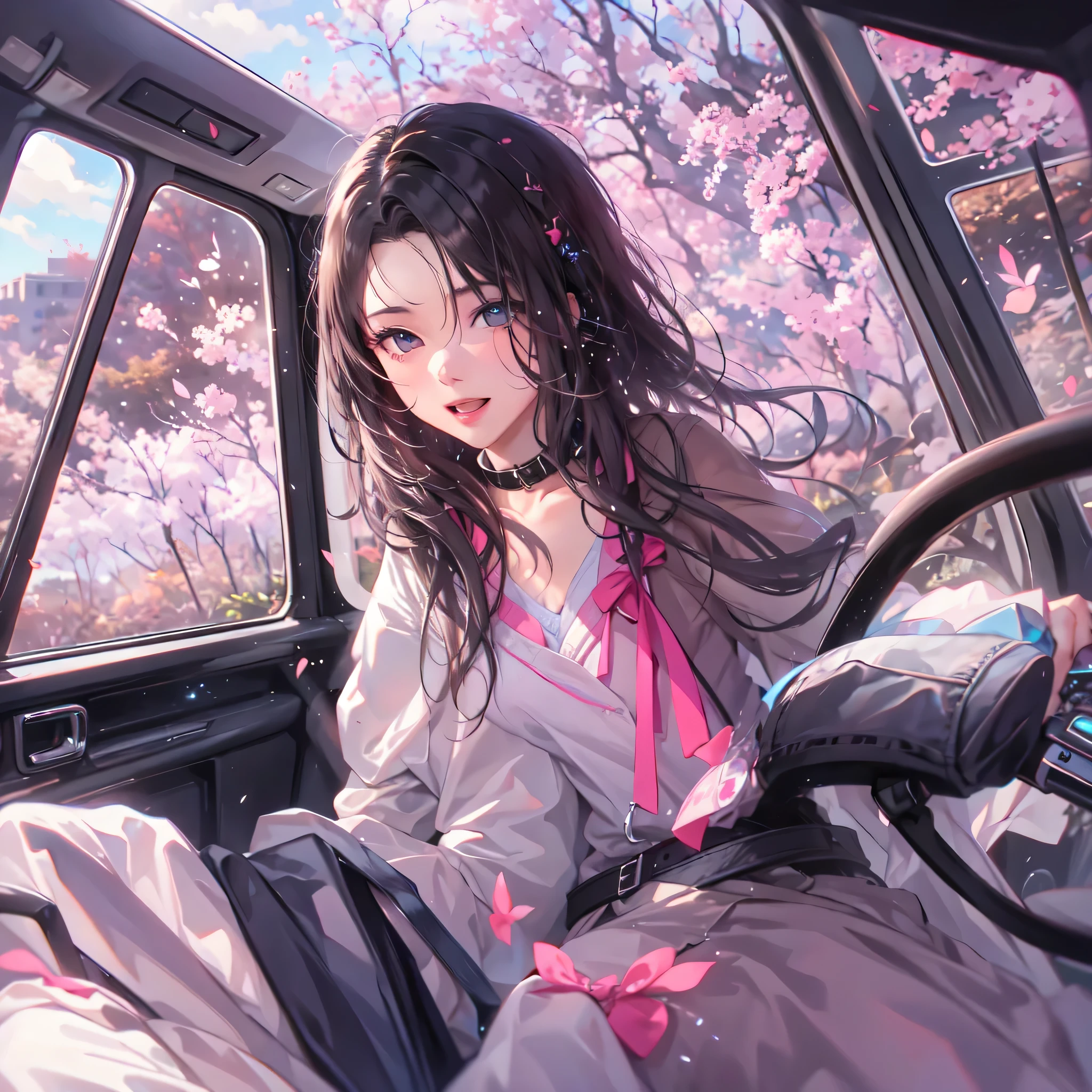 ((highest quality)), ((masterpiece)), (Get used to it), Perfect Face , beautiful girl , Riding in the passenger seat of a car , spring ,