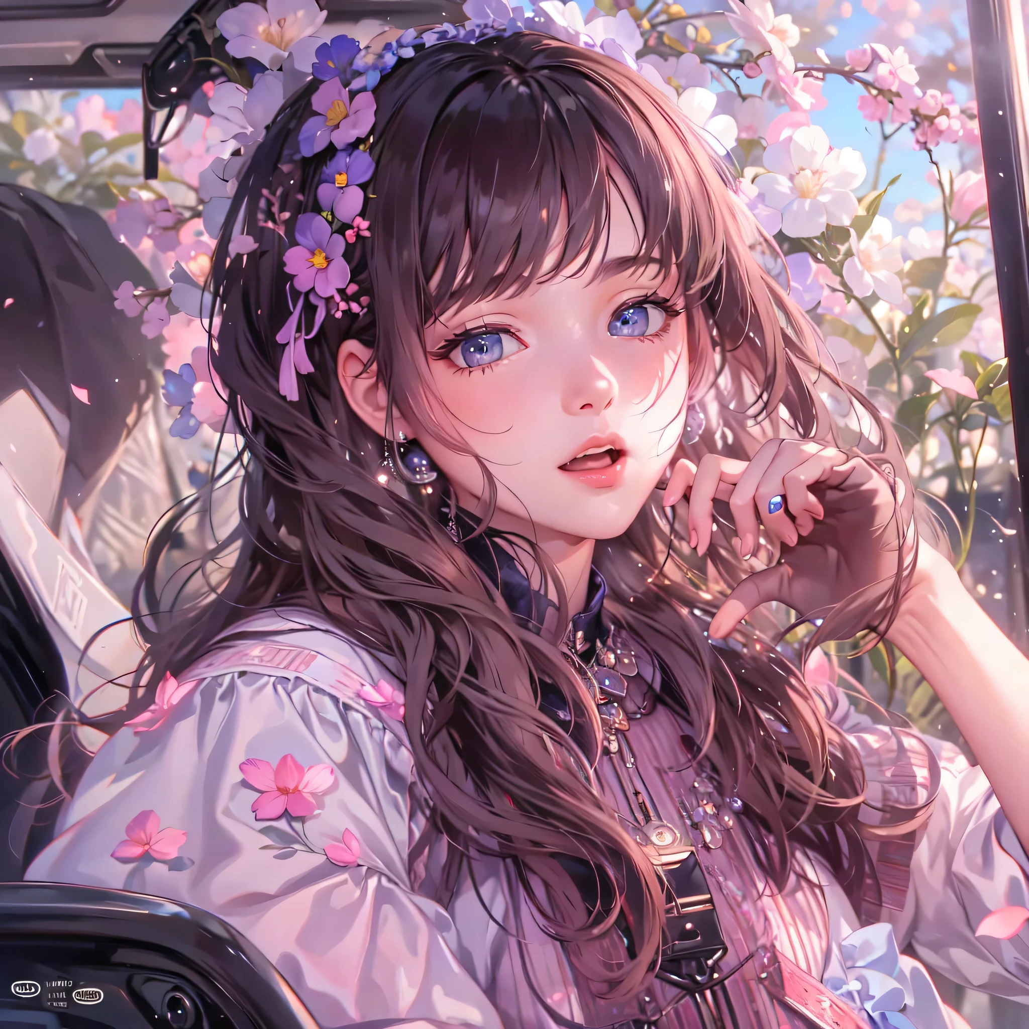 ((highest quality)), ((masterpiece)), (Get used to it), Perfect Face , beautiful girl , Riding in the passenger seat of a car , spring ,