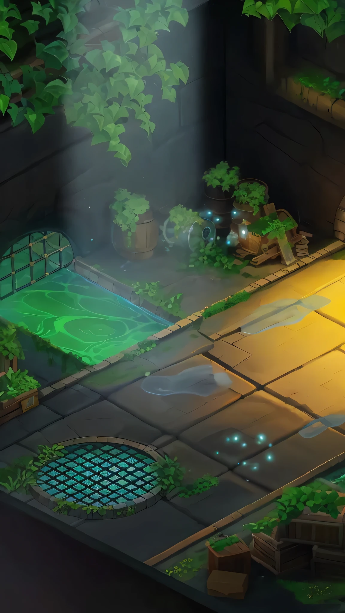 Close up of a small courtyard with a fountain and a fire hydrant, stylized concept art, background technology, Stylized game art, Depicted as game concept art, Isometric game art, Sewer background, Isometric 2D Game Art, Dungeon Background, 2D game environment design, Detailed game art, Magic laboratory background, 《Hearthstone》Concept map, background technologywork