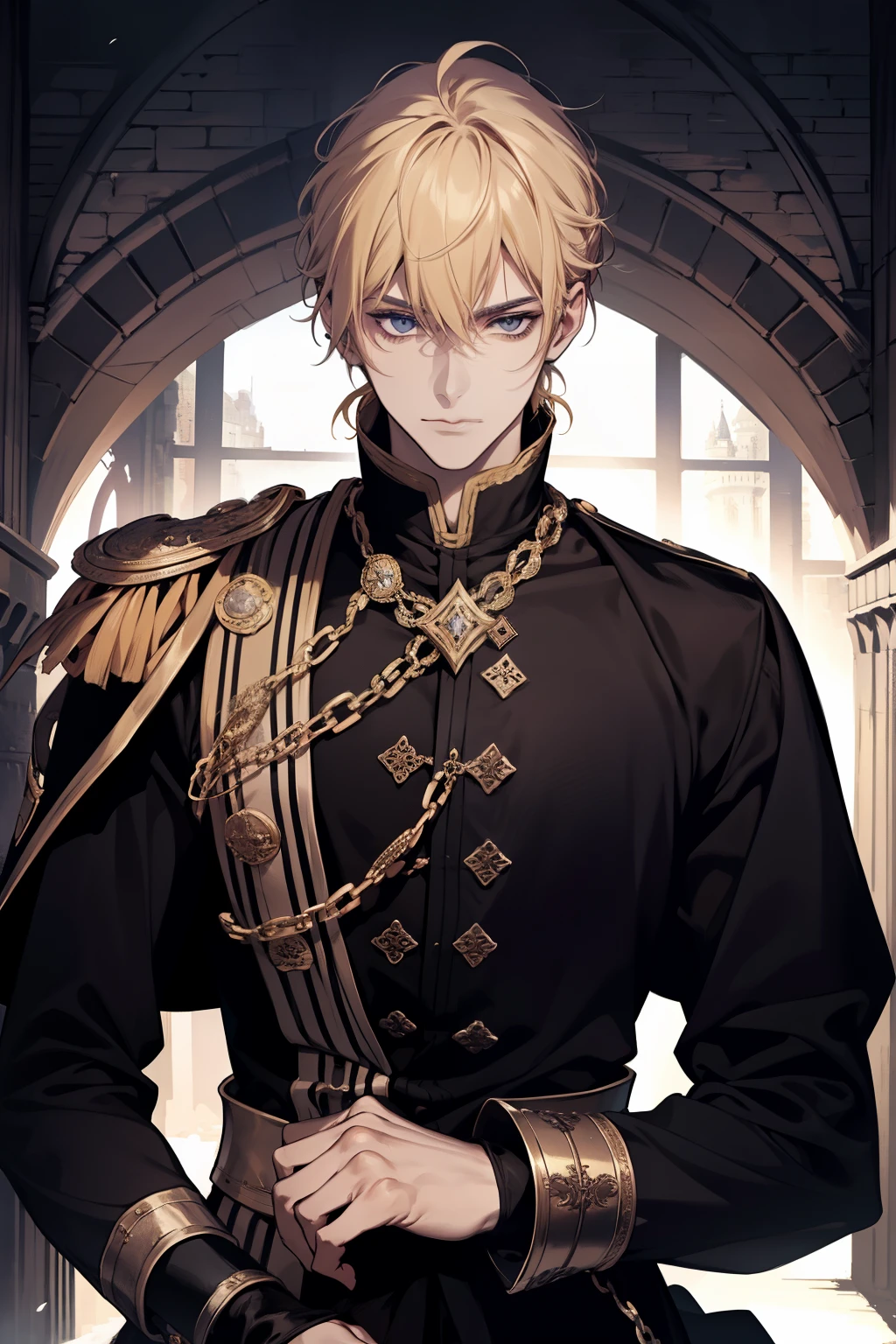 1 male, adult, blond hair with bangs, prince, black clothes, handsome, calm, beautiful, condescending, lean body, in a castle, medieval fantasy