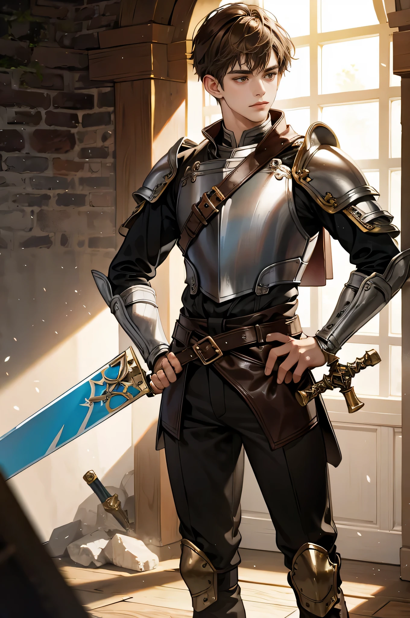 masterpiece, ultra detailed, 8k portrait, RAW photo, man's portrait photography, highly detailed face, cool and meticulous eyes, ((Fantasy)), 1 man, (((young man))), Laughter, 15 years old, fighter, standing with hands on hips, (((short brown hair))), (((white skin color))), (((black leather breast armor))), chain waistcloth, (((leather boots))), ((equip a short sword and small shield)), Midday Sun, hyper realistic, Long legs, in the medieval adventurer's guild, Ambient lighting, Shadow details, Camera focus on face, strong breeze, Light fog