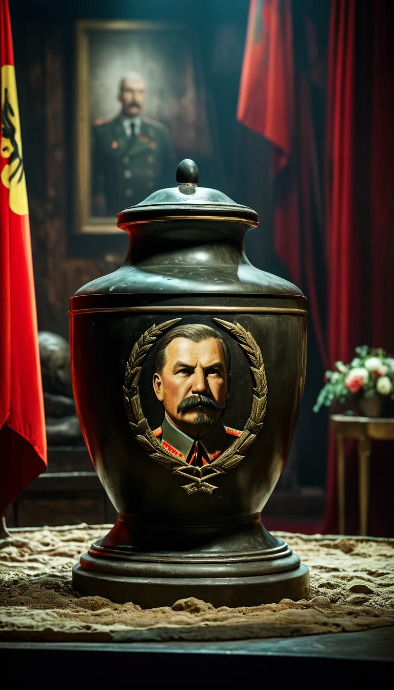 period piece masterpiece, Stalin's remains, represented by a symbolic urn or image, alongside the preserved body of Vladimir Lenin, background cinematic, hyper realistic, ultra detailed hyper realistic, photorealistic, Studio Lighting, reflections, dynamic pose, Cinematic, historical accuracy, Color Grading, Photography, Shot on 50mm lens, Ultra-Wide Angle, Depth of Field, hyper-detailed, beautifully color, 8k