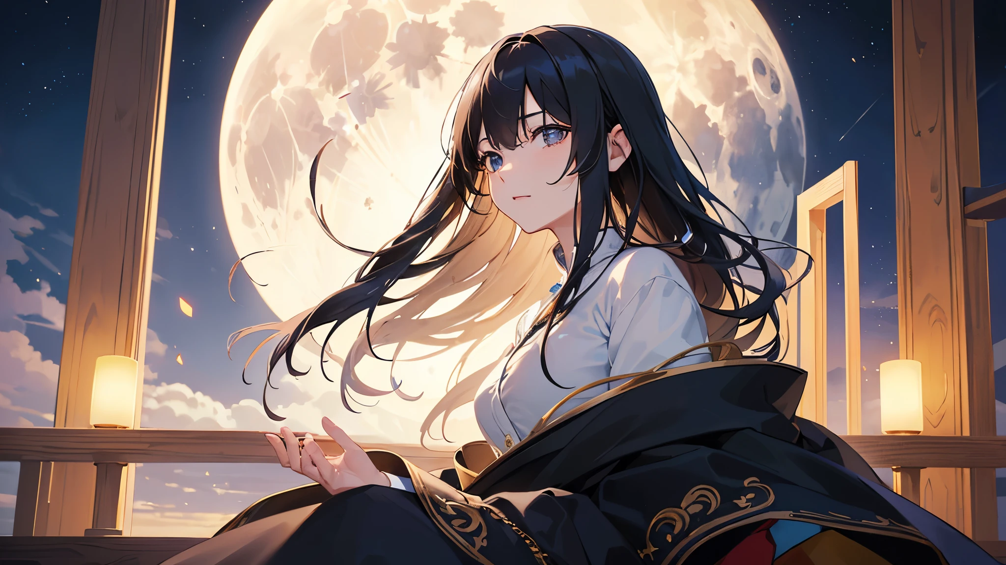 (Official Art、highest quality、Unity 8k wallpaper、32k、masterpiece、Ultra-detailed、超A high resolution、Realistic、Photorealistic:1.2)、(movie lighting:1.2)、Fire Glow Effect、Film Grain、Best Shadow、Rim Light、Side light、(Highly detailed and intricate 3D rendering)、細部までBeautiful Faceと目、Slender、Medium Bust、(whole body:1.2)、(Side Shot、moonを見上げて、avert your eyes:1.2)、(Mysteriouoon明かり)、Highly detailed background、Beautiful Face、blurred background、Beautiful girl、(Highly detailed skin、detailed skin texture:1.3)、Japanese garden、Cowboy Shot、Sitting on the porch、空に浮かぶ満moon、moon、dumpling、