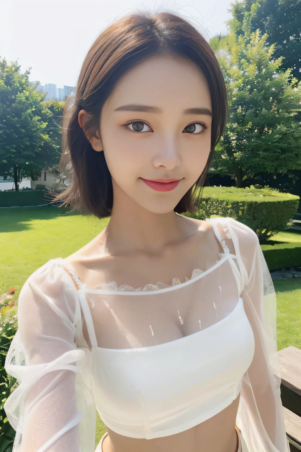 ((highest quality, 8K, masterpiece:1.3)), concentrated:1.2, Perfect body beauty:1.4, Hips:1.2, ((Delicate Hair)), (Colorful contrast mesh lantern sleeve crop top、Shorts :1.1) , ((highest quality、8K、masterpiece:1.3))、1 Girl、A sloppy smile、Esbian all over、Slim face、Big 、Beautiful woman、(Dark Brown Hair)、、1.1、Flickering Valley、Detailed eyes、double eyelid、Blurred Background、超Slim face、Looking down、garden、