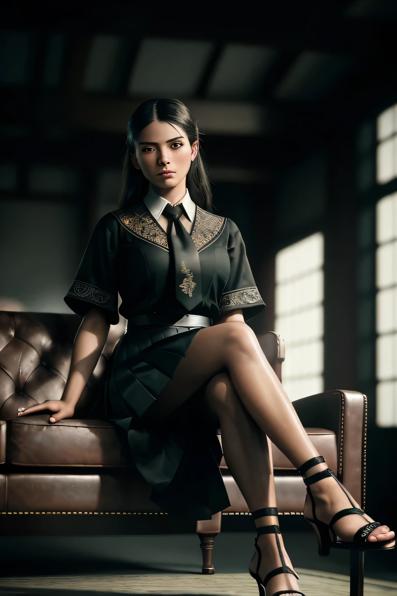 (masterpiece), (extremely intricate:1.3), (realistic), portrait of a girl, (dark fantasy, gore), (dynamic perspective), the most beautiful in the world, (kick viewers lightly), indoors, from below, shirt, tie, pleated skirt, high-heeled sandals, smirk, sitting on the couch, Hirosaki, Aomori, professional photograph of a stunning woman detailed, sharp focus, dramatic, award winning, cinematic lighting, octane render unreal engine, volumetrics dtx, (film grain, blurry background, blurry foreground, bokeh, depth of field)