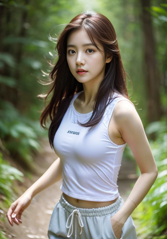 Close-up of trail running, running posture,full-body shot,big ，Showing breast line，wearing white clothes，The whole body is soaked loomingly，Korean Girl, beautiful south Korean woman, gorgeous young Korean woman, tzuyu from times, beautiful young Korean woman, Korean woman, Nam Jae-yeon, Korean female fashion models, jinyoung shin, portrait of female korean idol, korean idol, Cui Xianhua, Huang Shishi