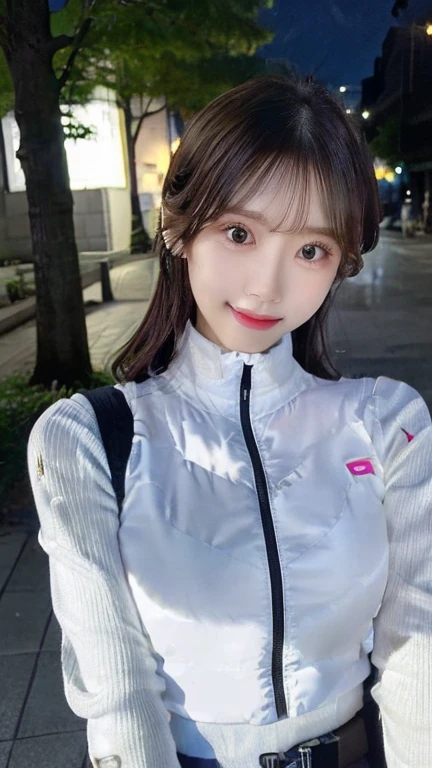 Woman standing upright facing the camera、Accentuate the cleavage、Light clothing、Expose、thin white shirt、(highest quality,masterpiece:1.3,超A high resolution,),(Very detailed,Caustics),(Photorealistic:1.4,RAW shooting,)Ultra-Realistic Capture,Very detailed,High resolution 16K suitable for human skin、 Natural skin texture、、Skin tone looks even and healthy、 Use natural light and color,One Woman,Japanese,,cute,Gray-haired,Middle Hair,(Written boundary depth、chromatic aberration、、wide range of lighting、natural shadows、)、(outdoor lights at night:1.4)、(Hair swaying in the wind:1)、short hair、hair ornaments、Put it on your ear、Casual hair,(black sleeves):2,(black long sleeves):2,(astrovest):2,,headphone,smile,inside spacecraft