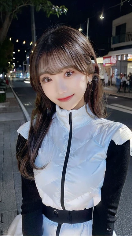 Woman standing upright facing the camera、Accentuate the cleavage、Light clothing、Expose、thin white shirt、(highest quality,masterpiece:1.3,超A high resolution,),(Very detailed,Caustics),(Photorealistic:1.4,RAW shooting,)Ultra-Realistic Capture,Very detailed,High resolution 16K suitable for human skin、 Natural skin texture、、Skin tone looks even and healthy、 Use natural light and color,One Woman,Japanese,,cute,Gray-haired,Middle Hair,(Written boundary depth、chromatic aberration、、wide range of lighting、natural shadows、)、(outdoor lights at night:1.4)、(Hair swaying in the wind:1)、short hair、hair ornaments、Put it on your ear、Casual hair,(black sleeves):2,(black long sleeves):2,(astrovest):2,,headphone,smile,inside spacecraft