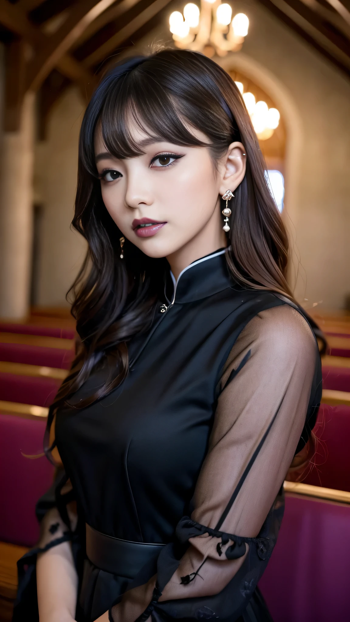 tra-detailed、Japanese、Attractive beauty、seductive adult woman、Pretty Woman、cool girl、brown hair、wavy hair、swept bangs、piercing eyes、hollow eyes、half-closed eyes、Hollow Eyes、Purple Eyeshadow、black lipstick、black lip gloss、dark makeup、smirk、Whisper in my ear、Evil expression、Long Black Cheongsam、Black wide sleeves、Evil cadres、Fallen into evil、brainwash、mind control、evil、Church at night、Swear allegiance、Are standing
