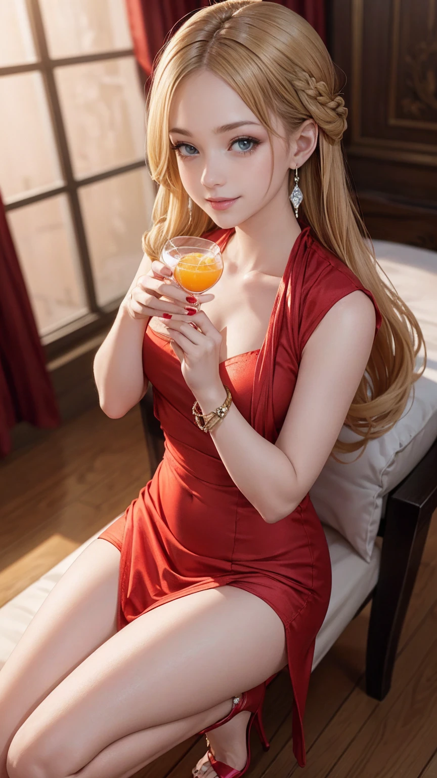 ((最high quality, 8K, masterpiece: 1.3, Ultra HD, high quality, 最high quality, High resolution, realism)) 、25-year-old Caucasian female、blue eyes、long hair、smile、slender、slenderだがアスリートのような細マッチョ、I want my head to stay off screen、Wear accessories on your wrist、Wearing red nail polish、I have a peticure、aerial perspective((atmospheric perspective))、smile((smiley))、background blur((depth of field)、crystal earrings((crystal earrings))、Dark Blonde、Multi-Thai Hair((multi-tied hair))、Delphos dress((delphos dress))wear、Wear stiletto heels、At a party in a fancy hotel、Holding a cocktail glass