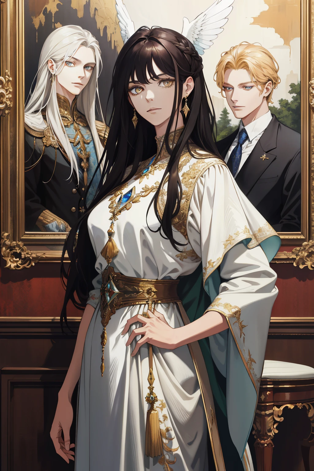 (absurd, high resolution, ultra detailed), When I noticed a painting on the wall.
It was a portrait of my family.
Zephyr stood beside. Valendrya. Her Dark hair and golden eyes highly resembled me.
I stood in front of her With Valsendrake and Icarus standing beside me.
painting