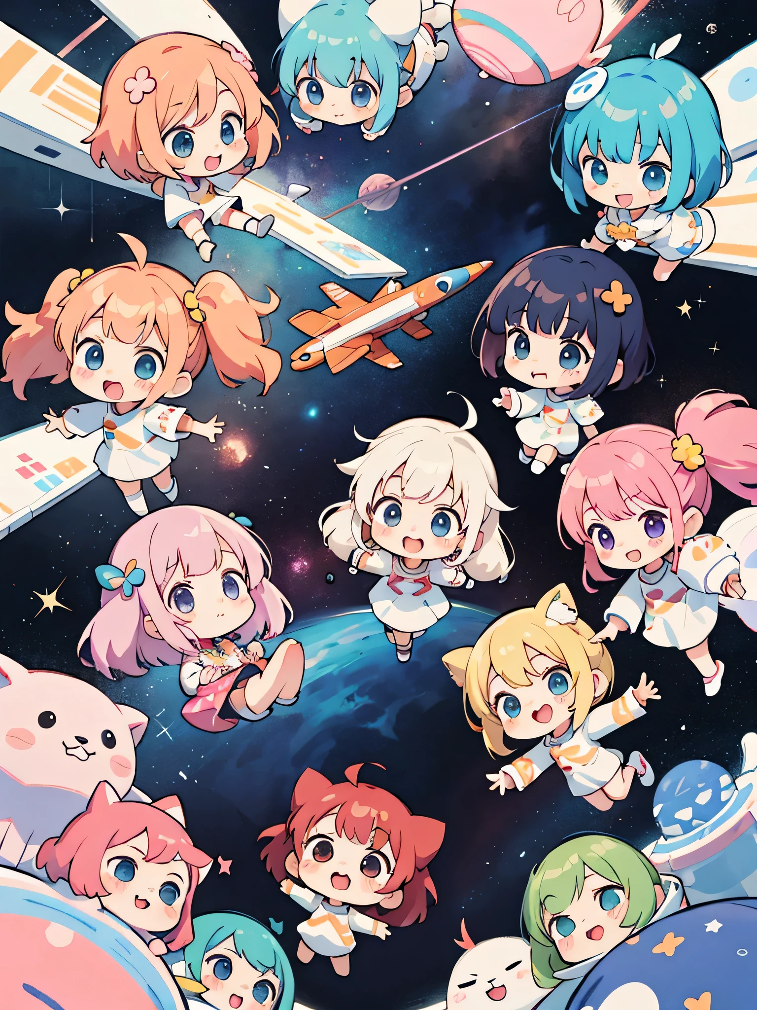 Momoko Sakura style, Kawaii Design, (((10 people)))、most beautiful girl ever、Chibi, Colorful bob hair、((Lots of friends))、Space travel together