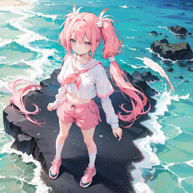 Coral pink hair，short twintails, short twintails，Gray eyes，feather hair ornament，Girl，shorts，Navel，White knee socks，whole body，Standing on the ground，Don't show your arms，The background is the ocean