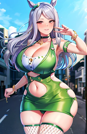 White-eye McQueen \(umamusume\), in the office in the background, View your viewers, ((Mature Woman))
A girl wearing a micro dress, Golden Dress, Bodycon, blush, Long eyelashes, Cleavage, belly button, Fishnet tights, Thick thighs, (Face Focus), Wicked Smile, Silver Hair,
masterpiece, highest quality, Glowing Skin, mature appearance, Voluptuous body, Ample breasts, Perfect body, Wide Hips, from the front, (chromatic aberration, Intricate details), Dynamic pose, Dynamic Angle, 40k, High resolution, High resolution, (SFW), Safe at Work, Fully clothed,