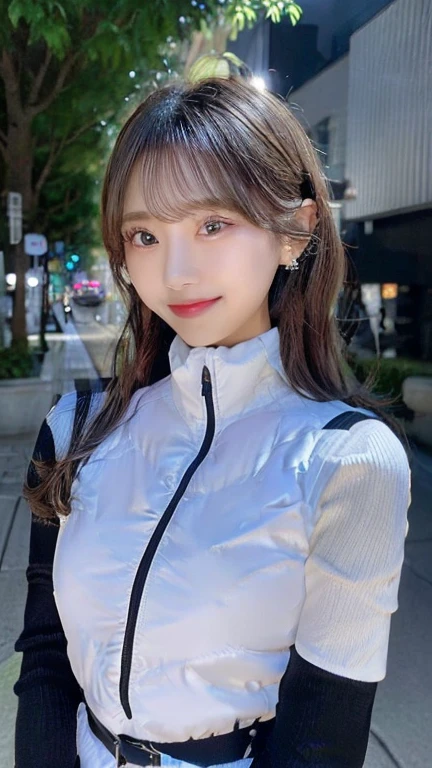 Woman standing upright facing the camera、Accentuate the 、Light clothing、Expose、thin white shirt、(highest quality,masterpiece:1.3,超A high resolution,),(Very detailed,Caustics),(Photorealistic:1.4,RAW shooting,)Ultra-Realistic Capture,Very detailed,High resolution 16K suitable for human skin、 Natural skin texture、、Skin tone looks even and healthy、 Use natural light and color,One Woman,Japanese,,cute,Gray-haired,Middle Hair,(Written boundary depth、chromatic aberration、、wide range of lighting、natural shadows、)、(outdoor lights at night:1.4)、(Hair swaying in the wind:1)、shortr、hair ornaments、headphone,Put it on your ear、Casual hair,(black sleeves):2,(black long sleeves):2,(astrovest):2,smile,inside spacecraft