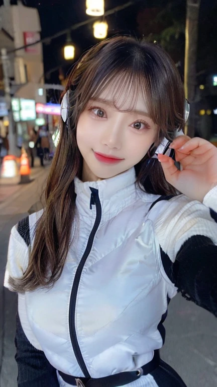 Woman standing upright facing the camera、Accentuate the cleavage、Light clothing、Expose、thin white shirt、(highest quality,masterpiece:1.3,超A high resolution,),(Very detailed,Caustics),(Photorealistic:1.4,RAW shooting,)Ultra-Realistic Capture,Very detailed,High resolution 16K suitable for human skin、 Natural skin texture、、Skin tone looks even and healthy、 Use natural light and color,One Woman,Japanese,,cute,Gray-haired,Middle Hair,(Written boundary depth、chromatic aberration、、wide range of lighting、natural shadows、)、(outdoor lights at night:1.4)、(Hair swaying in the wind:1)、short hair、hair ornaments、headphone,Put it on your ear、Casual hair,(black sleeves):2,(black long sleeves):2,(astrovest):2,smile,inside spacecraft
