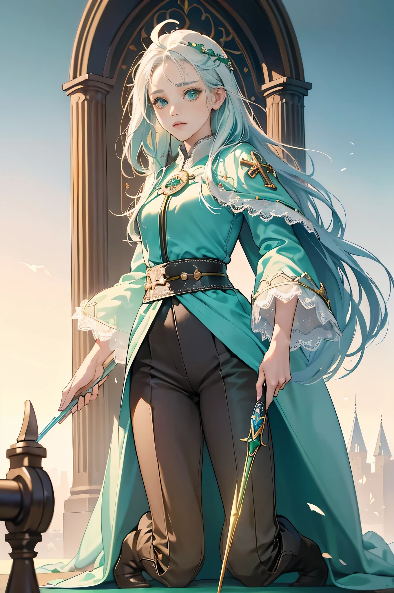 masterpiece, ultra detailed, 8k portrait, RAW photo, portrait photography, Highly detailed face, beautiful and meticulous eyes, ((Fantasy)), Young beautiful, (((Female priest))), (((((standing))))), ((light blue long thin hair)), ahoge, forehead, Gentle face, White skin, (((green and white puffy sleeve lace priest robes))), ((brown cape)) Fluttering in the wind, (((lowleg kneel length pants))), Leather boots, ((((equip a magic wand)))), Midday Sun, Hyper realistic, Body model, Small breasts, Beautiful breasts, Long legs, in the medieval adventurer's guild, Ambient lighting, Shadow details, Camera focus on face, strong breeze, Light fog