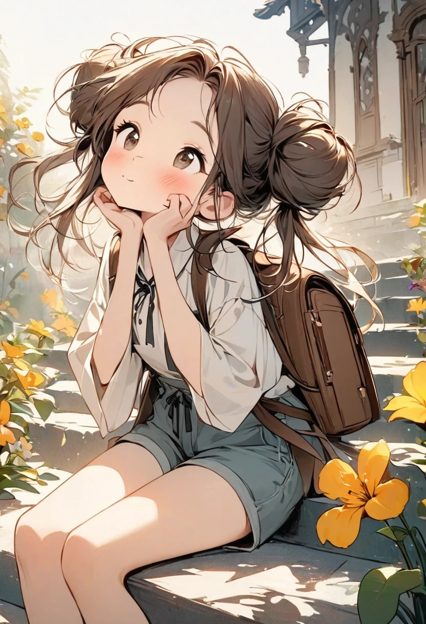 Hand drawn cartoon style,A girl ties her hair into two buns,flower襯衫,Tall,shorts,Crossbody backpack,Hold your chin with your hands and look up happily,sitting on the steps,flower,Light colors,Super exquisite picture quality.