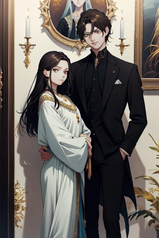 (absurd, high resolution, ultra detailed), When I noticed a painting on the wall.
It was a portrait of my family.
Zephyr stood beside. Valendrya. Her Dark hair and golden eyes highly resembled me. 
I stood in front of her With Valsendrake and Icarus standing beside me. 
painting