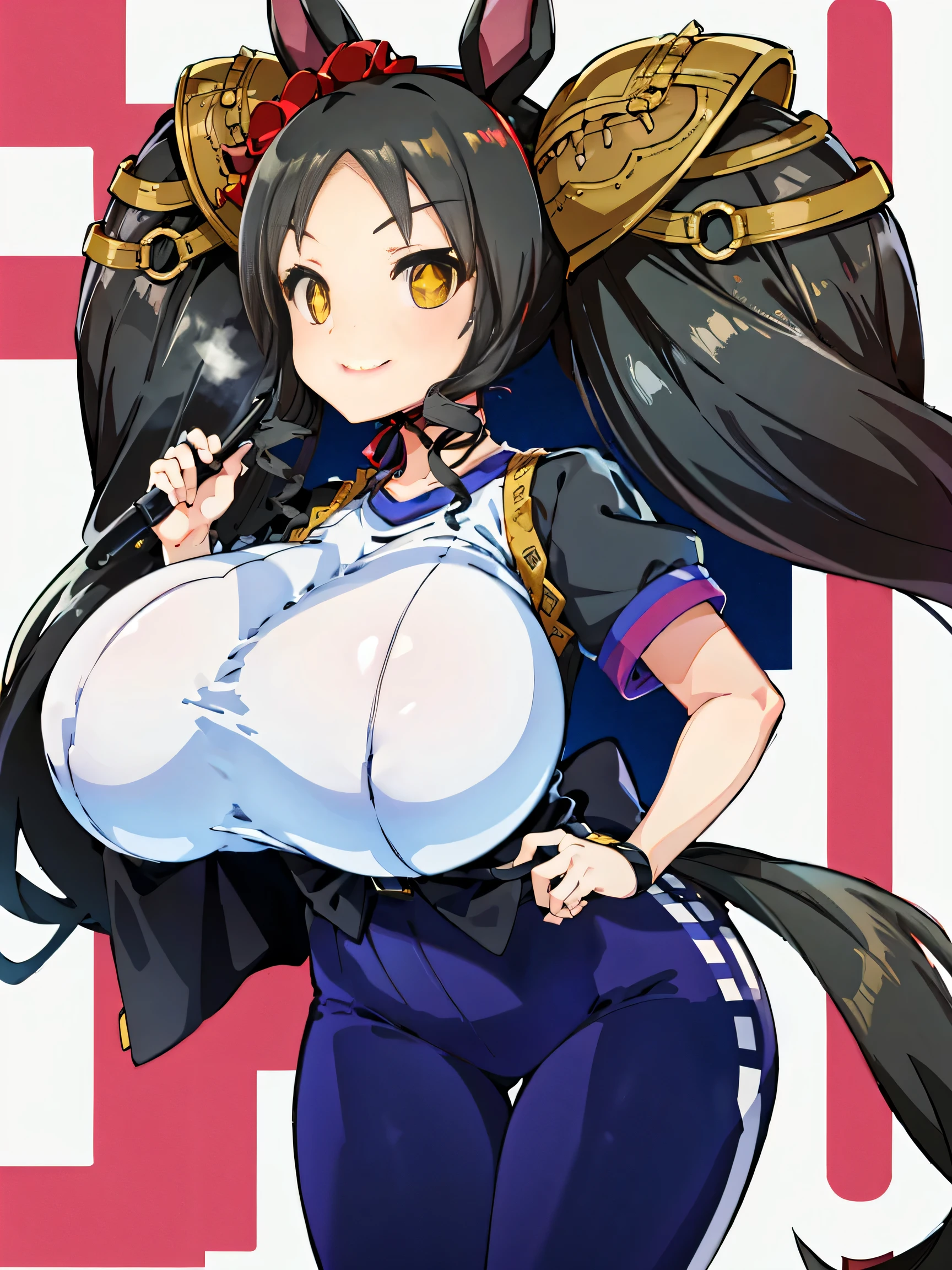 black hair、twin tails、huge breasts、超huge breasts、Accentuate your bust curves、T-shirt、high leg pants、he is short、High resolution、highest quality、detailed face、School、anime moe art style、Uma Musume