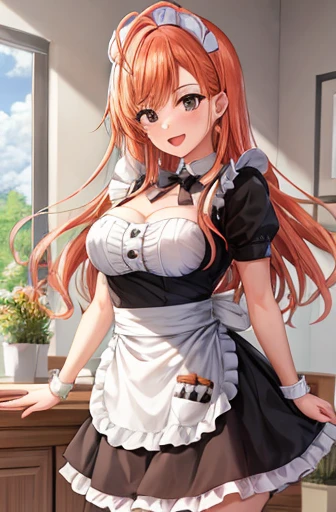 masterpiece, highest quality, arisugawa natusha, One girl, alone, Are standing, smile, bangs, chest, Maid headdress, Maid, Frills, Black Dress, Detachable collar, puff short sleeve, Wrist cuff, apron, White knee socks, Long Hair, Orange Hair, View your viewers, Mouth closed,