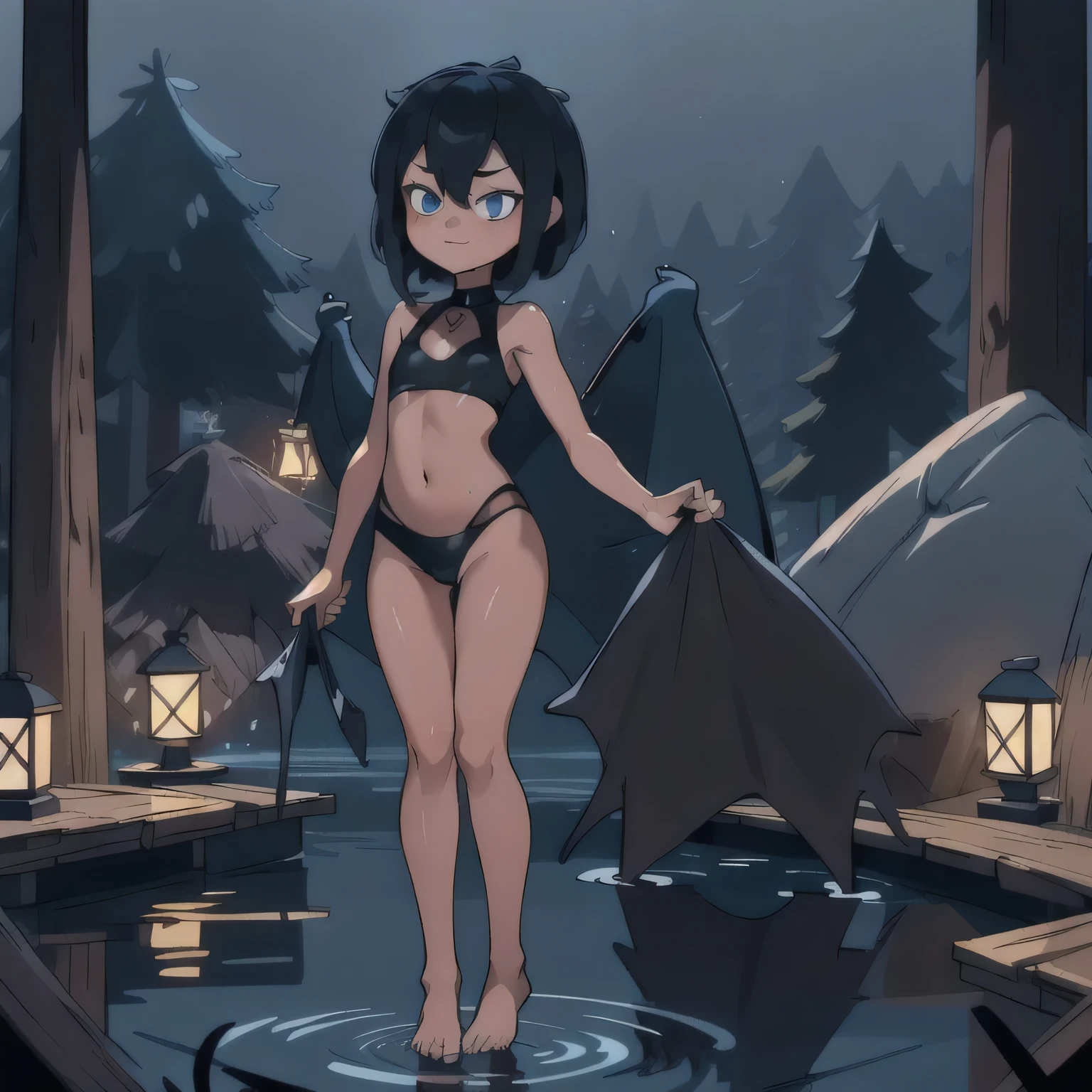 ((masterpiece, best quality)), full body, (solo 0.6), Mavis dracula, (dark skin 0.6), black hair, short hair, blue eyes, nighttime, lake, black leotard, midriff,  young, flat chest, wet body, wet hair, tiny tight clothes, sleeveless, show skin, perfect anatomy 