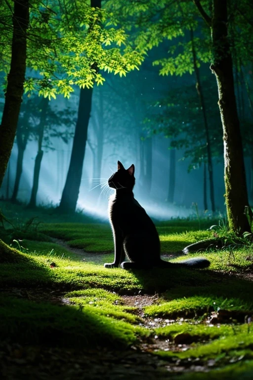at night a black cat in a fairy forest talks to a magic moth