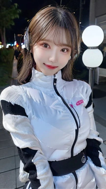 Woman standing upright facing the camera、Accentuate the cleavage、Light clothing、Expose、thin white shirt、(highest quality,masterpiece:1.3,超A high resolution,),(Very detailed,Caustics),(Photorealistic:1.4,RAW shooting,)Ultra-Realistic Capture,Very detailed,High resolution 16K suitable for human skin、 Natural skin texture、、Skin tone looks even and healthy、 Use natural light and color,One Woman,Japanese,,cute,Gray-haired,Middle Hair,(Written boundary depth、chromatic aberration、、wide range of lighting、natural shadows、)、(outdoor lights at night:1.4)、(Hair swaying in the wind:1)、short hair、hair ornaments、headphone,Put it on your ear、Casual hair,(black sleeves):2,(black long sleeves):2,(astrovest):2,smile,inside spacecraft