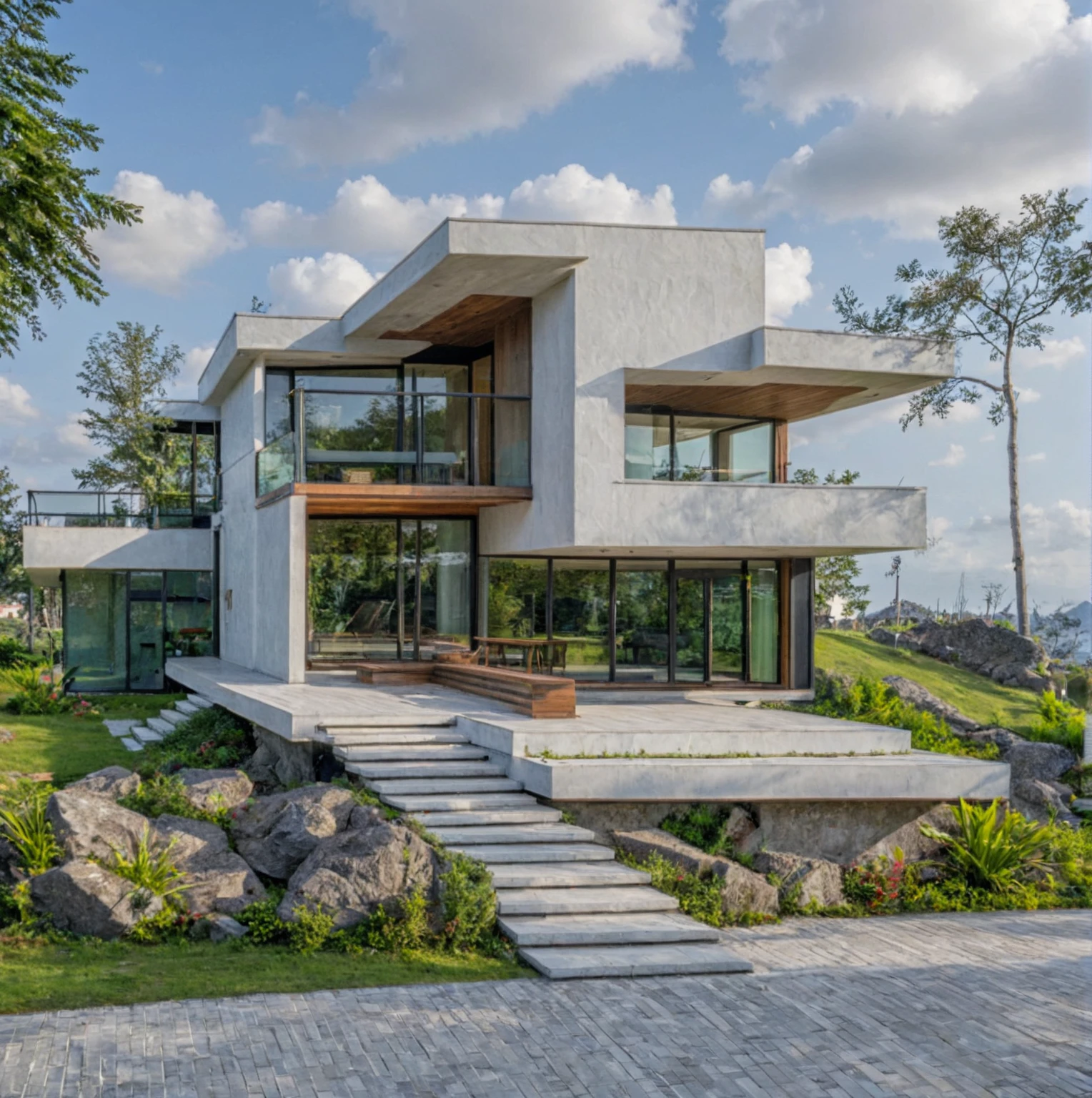 Masterpiece, high quality, best quality, authentic, super detail, outdoors, onestoreyvillaXL, aiaigroup, house style modern on the street ,stairs, white wall ,road,pavement, grass, trees, sky, cloud, (daylight:1.1)