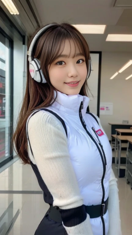 (At S.F.W.), (1 girl:1.3), break, Half Body Shot, Japanese, supermodel, high school girl, (From the side), (highest quality:1.4), 32k resolution, (Realistic:1.5), (超Realistic:1.5), High resolution 32k UHD, (masterpiece:1.2)), (Improvement of quality:1.4), (Very beautiful facial details), (highest qualityのリアルな質感の肌:1.4), (Perfect Anatomy:1.2), (Are standing:1.37), break, , ((astrovest:1.5)), ((headphone:1.15)), break, Do not emphasize the top of the bust, ((In a classroom shining in pink:1.15)), Accurate Fingers, Very detailed, Symmetrical eyes, ((View your viewers)),Natural Makeup, ((A good eye for quality:1.2)), (tired, Sleepy and satisfied:0.0), (Beautiful Lips:1.33), (Great nose:1.2), ((Physically Based Rendering of the Background:1.37)), thin:1.2, Flat Chest, (thin lower body), brown hair, (Hairy hair:1.37), Anxious face, Gentle light illuminates your face and body, Professional Cinema Lighting,(black sleeves):2,(black long sleeves):2,(astrovest):2,smile,inside spacecraft