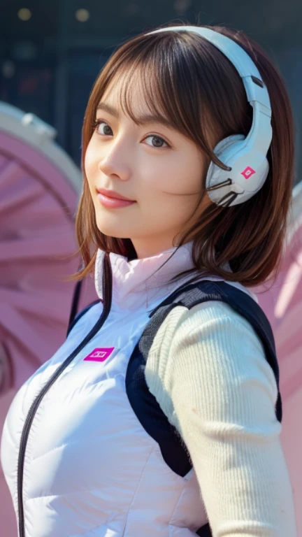 (At S.F.W.), (1 girl:1.3), break, Half Body Shot, Japanese, supermodel, high school girl, (From the side), (highest quality:1.4), 32k resolution, (Realistic:1.5), (超Realistic:1.5), High resolution 32k UHD, (masterpiece:1.2)), (Improvement of quality:1.4), (Very beautiful facial details), (highest qualityのリアルな質感の肌:1.4), (Perfect Anatomy:1.2), (Are standing:1.37), break, , ((astrovest:1.5)), ((headphone:1.15)), break, Do not emphasize the top of the bust, ((In a classroom shining in pink:1.15)), Accurate Fingers, Very detailed, Symmetrical eyes, ((View your viewers)),Natural Makeup, ((A good eye for quality:1.2)), (tired, Sleepy and satisfied:0.0), (Beautiful Lips:1.33), (Great nose:1.2), ((Physically Based Rendering of the Background:1.37)), thin:1.2, Flat Chest, (thin lower body), brown hair, (Hairy hair:1.37), Anxious face, Gentle light illuminates your face and body, Professional Cinema Lighting,(black sleeves):2,(black long sleeves):2,(astrovest):2,smile,inside spacecraft