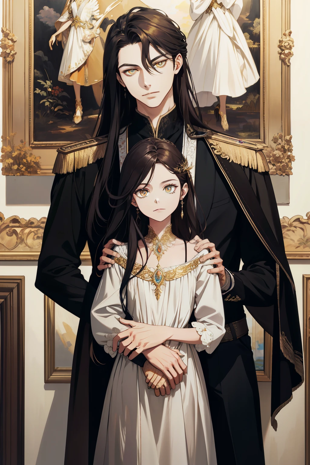 (absurd, high resolution, ultra detailed), When I noticed a painting on the wall.
It was a portrait of my family.
Zephyr stood beside. Valendrya. Her Dark hair and golden eyes highly resembled me. 
I stood in front of her With Valsendrake and Icarus standing beside me. 
painting